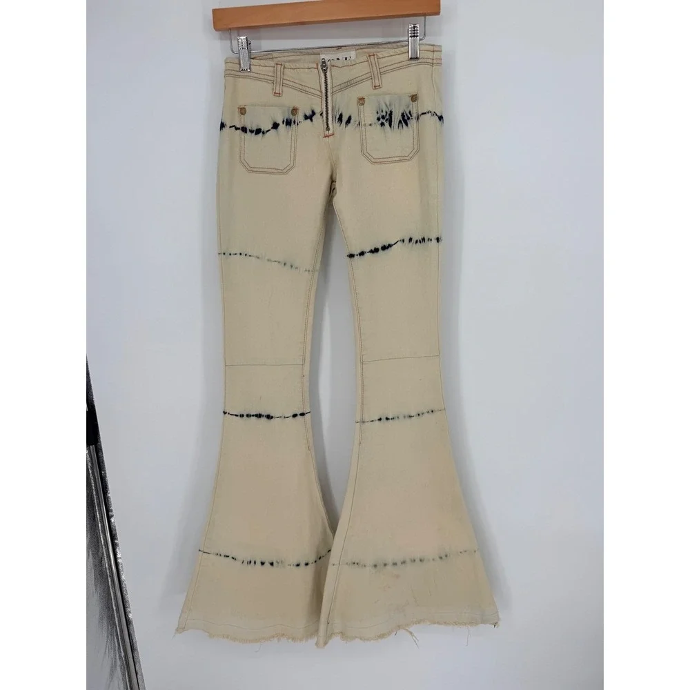 One Teaspoon Cream Tie Dye Flare Jeans Bell Bottom Raw 22 Indigo Boho Festival - Picture 3 of 15